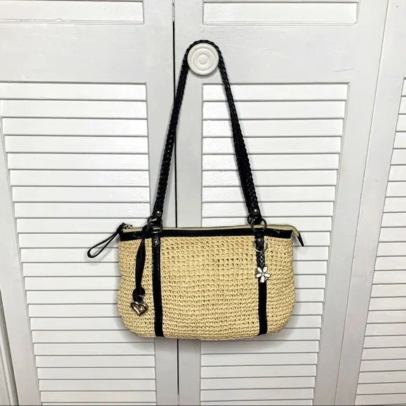 Brighton Summer Straw Shoulder Bag Black Leather Trim - Picture 4 of 11